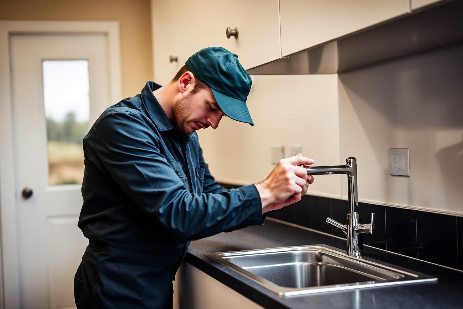 Plumber repairing a kitchen tap in a Swindon home