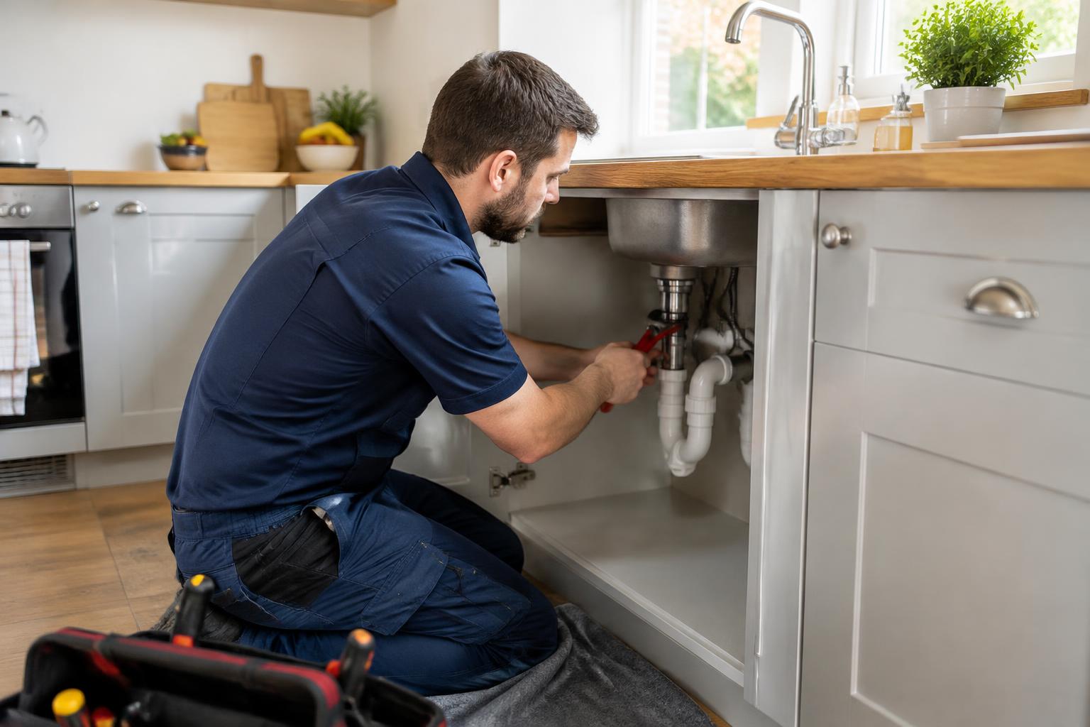 Plumber repairing a kitchen tap in a Swindon home